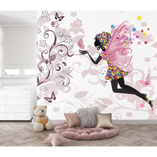 Papel pintado panorámico para niños - Infantil - Hada Flores Mariposas