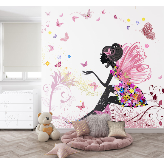 Papel pintado panorámico para niños - Infantil - Hada Flores Mariposas