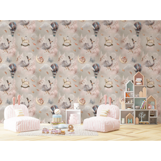 Papel pintado panorámico para niños - Infantil - Motivo Animales Globos Aerostáticos