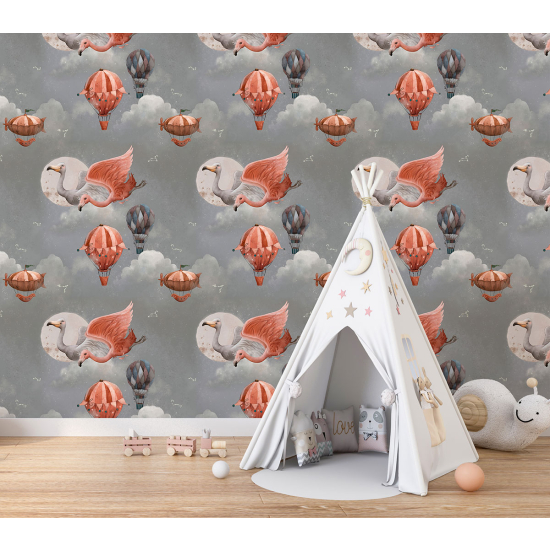 Papel pintado panorámico para niños - Infantil - Motivo Flamencos Globos Aerostáticos