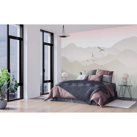 Papel pintado panorámico para niños - Infantil - Pájaros Montañas