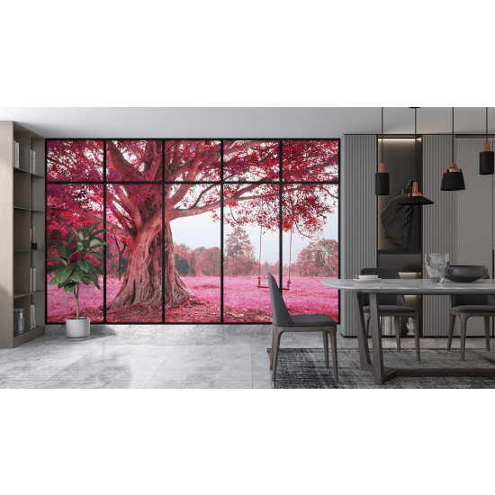 Papel pintado panorámico trampantojo - Árbol flores rosas