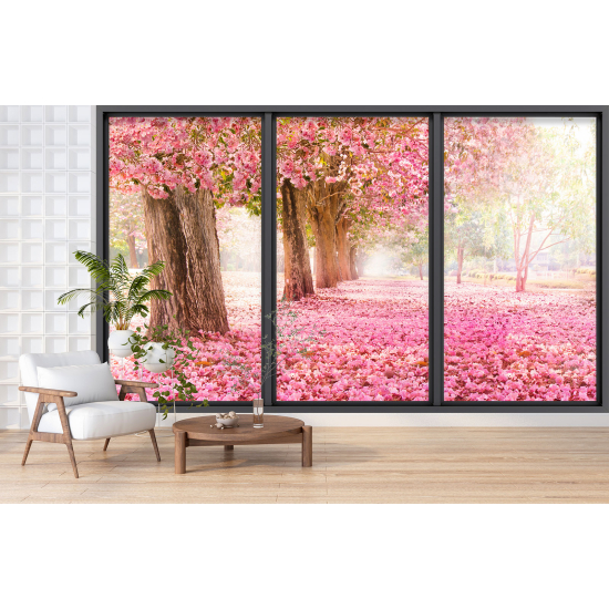 Papel pintado panorámico trampantojo - Árboles flores rosas