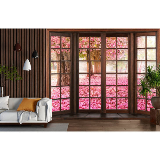 Papel pintado panorámico trampantojo - Árboles flores rosas