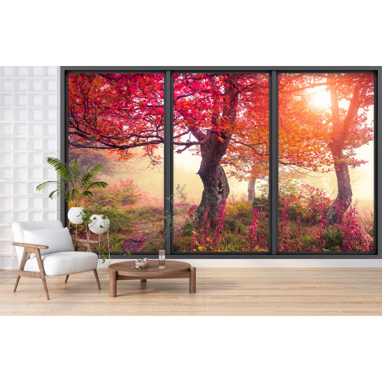 Papel pintado panorámico trampantojo - Árboles hojas rojas