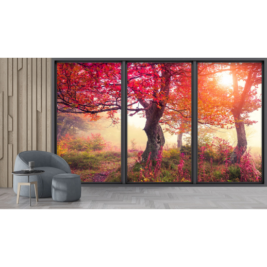 Papel pintado panorámico trampantojo - Árboles hojas rojas