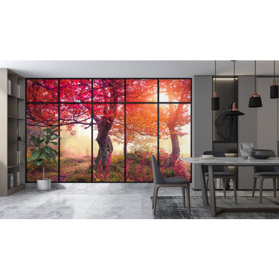Papel pintado panorámico trampantojo - Árboles hojas rojas