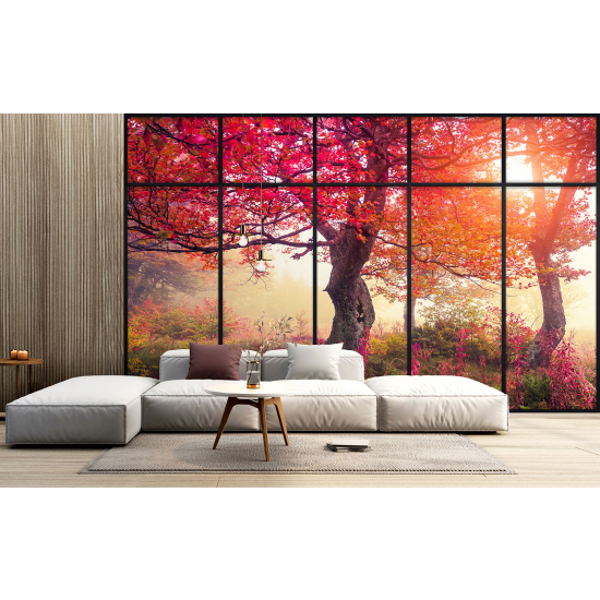 Papel pintado panorámico trampantojo - Árboles hojas rojas