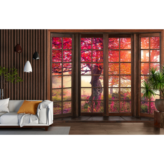 Papel pintado panorámico trampantojo - Árboles hojas rojas