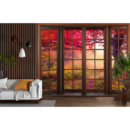 Papel pintado panorámico trampantojo - Árboles hojas rojas