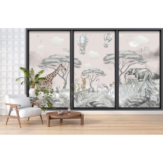 Papel pintado panorámico trampantojo para niños - Infantil - Animales de la jungla