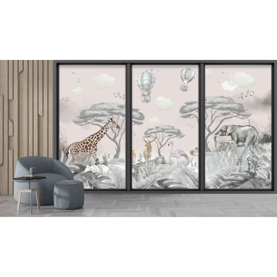 Papel pintado panorámico trampantojo para niños - Infantil - Animales de la jungla