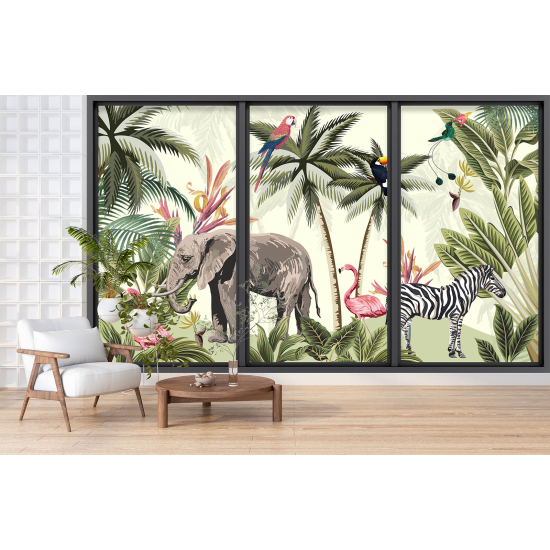 Papel pintado panorámico trampantojo para niños - Infantil - Animales de la jungla