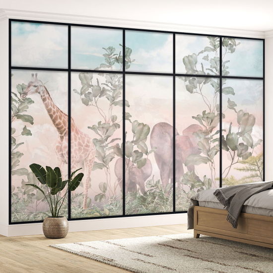 Papel pintado panorámico trampantojo para niños - Infantil - Animales de la jungla