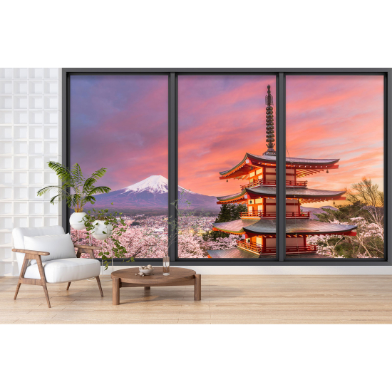 Papel pintado panorámico trampantojo - Templo japonés vista monte Fuji