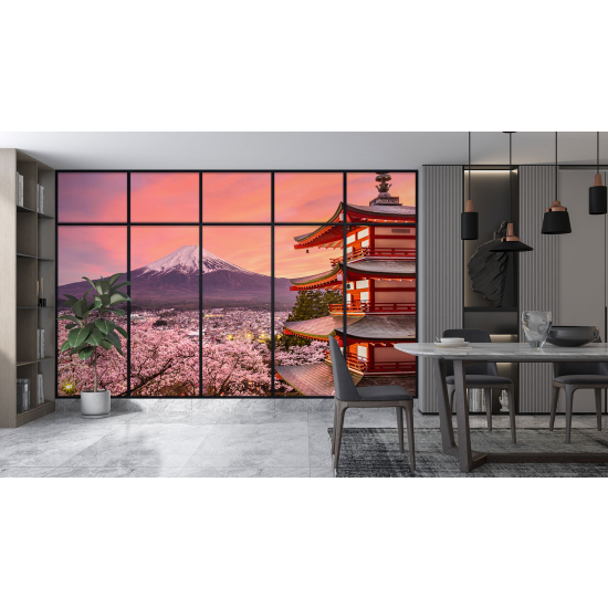 Papel pintado panorámico trampantojo - Templo japonés vista monte Fuji
