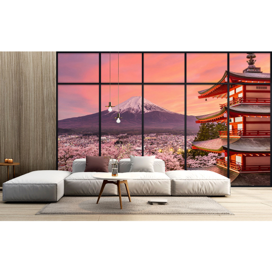 Papel pintado panorámico trampantojo - Templo japonés vista monte Fuji
