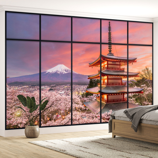 Papel pintado panorámico trampantojo - Templo japonés vista monte Fuji