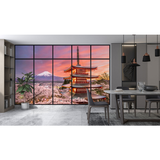 Papel pintado panorámico trampantojo - Templo japonés vista monte Fuji