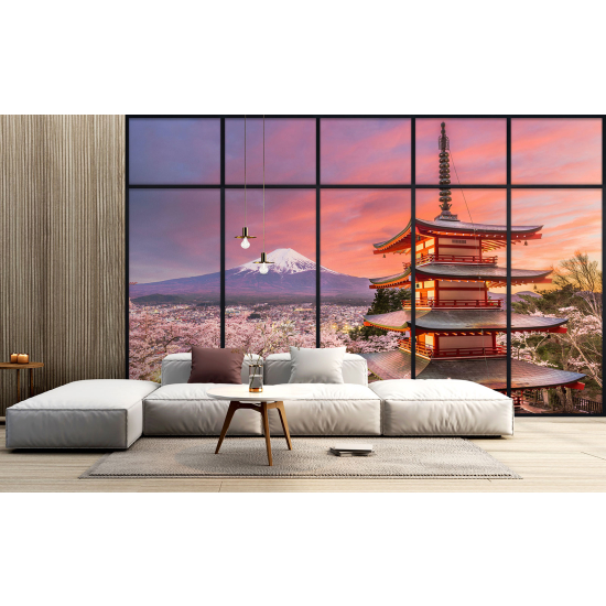 Papel pintado panorámico trampantojo - Templo japonés vista monte Fuji