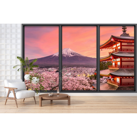 Papel pintado panorámico trampantojo - Templo vista monte Fuji