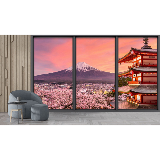 Papel pintado panorámico trampantojo - Templo vista monte Fuji
