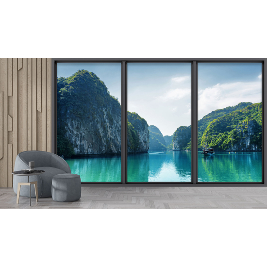 Papel pintado panorámico trampantojo - Vista al mar y montañas