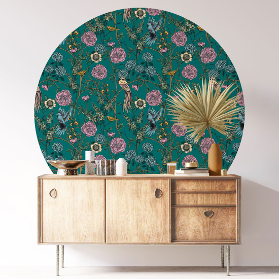 Vinilo Adhesivo Decorativo Redondo - Flores Pájaros