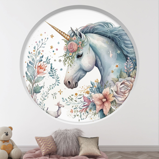 Vinilo Adhesivo Decorativo trampantojo 3D para niños - Infantil - Unicornio flores