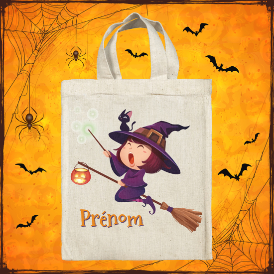 Bolsa de Halloween personalizada - Bruja en su escoba