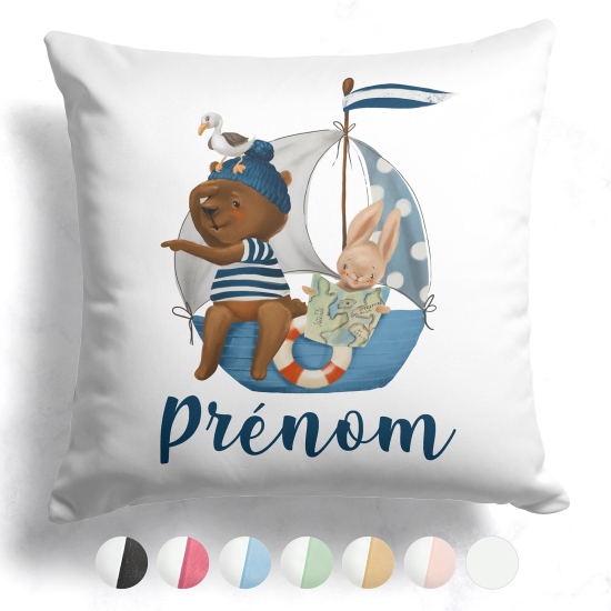 Cojín bicolor personalizado - Animales en barco