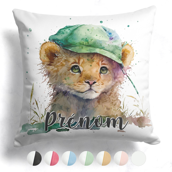 Cojín bicolor personalizado - Cachorro de león con gorra