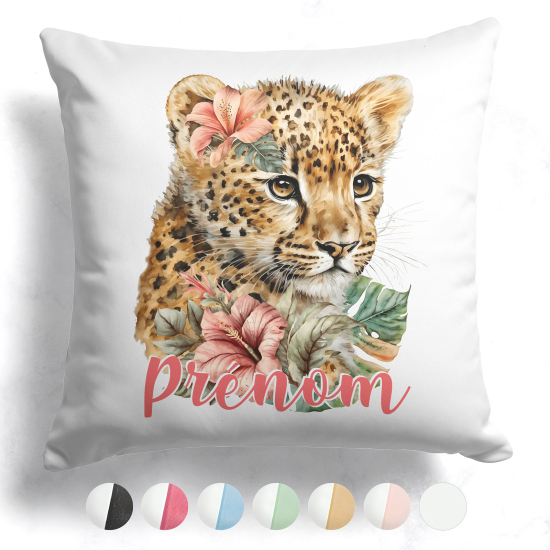 Cojín bicolor personalizado - Cachorro de león flores