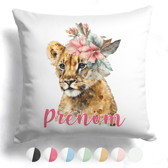 Cojín bicolor personalizado - Cachorro de león flores