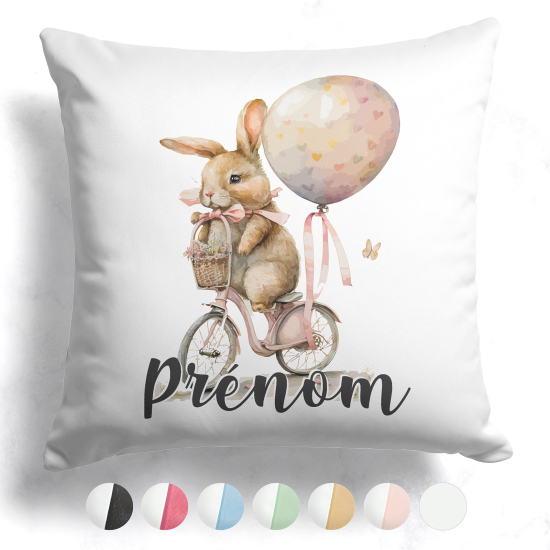 Cojín bicolor personalizado - Conejo en bicicleta