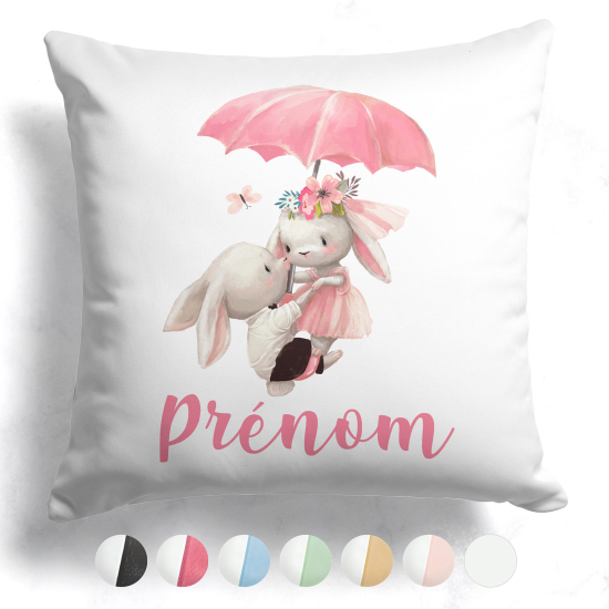 Cojín bicolor personalizado - Conejos paraguas