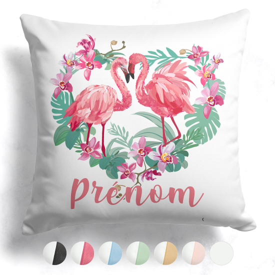 Cojín bicolor personalizado - Flamencos rosas corazón