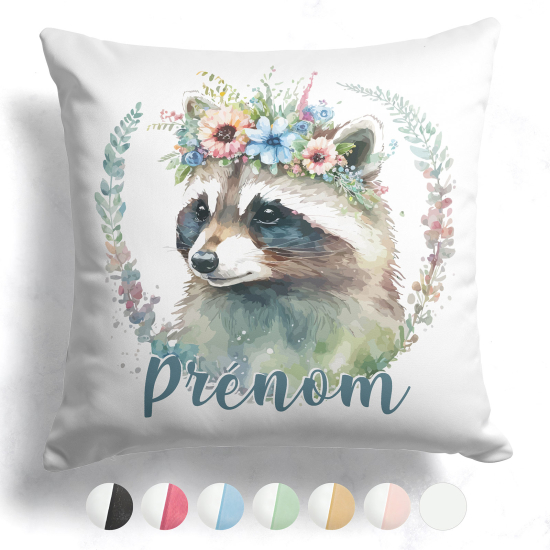 Cojín bicolor personalizado - Mapache flores