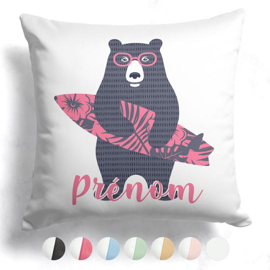 Cojín bicolor personalizado - Oso surfista