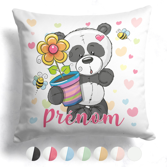 Cojín bicolor personalizado - Panda con maceta de flores