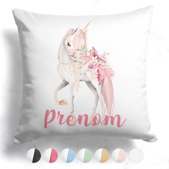 Cojín bicolor personalizado - Unicornio flores