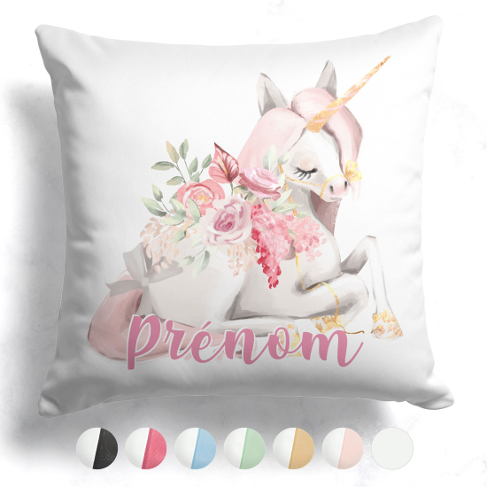 Cojín bicolor personalizado - Unicornio flores