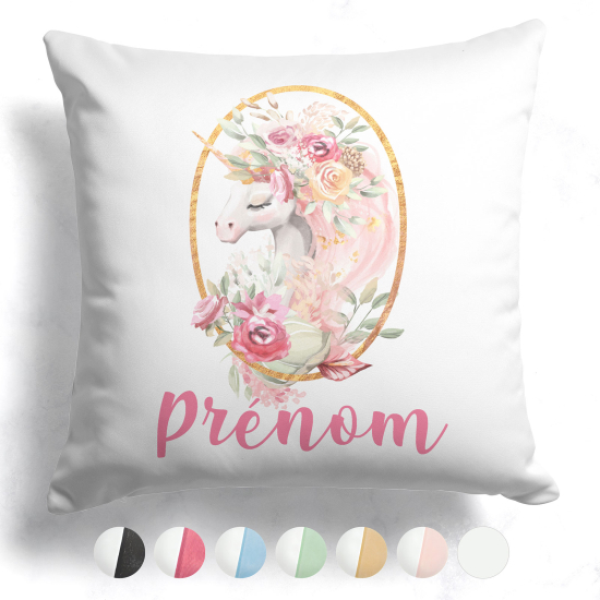 Cojín bicolor personalizado - Unicornio flores
