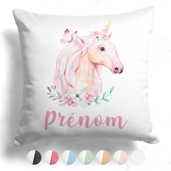 Cojín bicolor personalizado - Unicornio flores