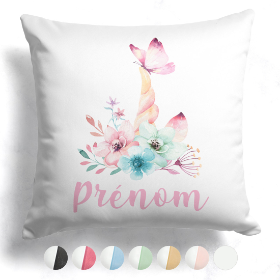 Cojín bicolor personalizado - Unicornio flores