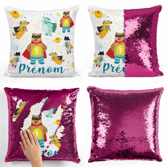 Cojín mágico con lentejuelas personalizado - Animales superhéroes