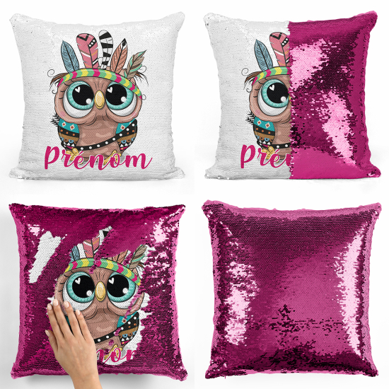 Cojín mágico con lentejuelas personalizado - Búho indio