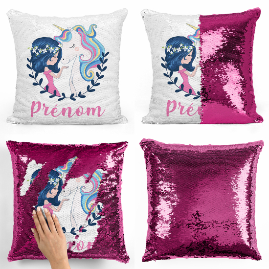 Cojín mágico con lentejuelas personalizado - Chica y unicornio