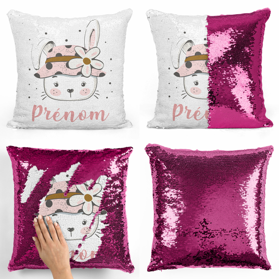 Cojín mágico con lentejuelas personalizado - Conejo flor