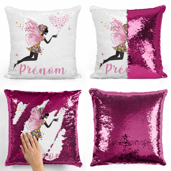 Cojín mágico con lentejuelas personalizado - Hada corazón mariposas